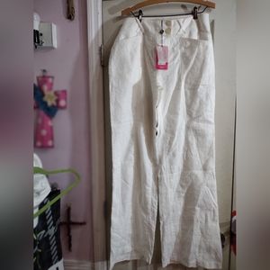 PER UNA  Beachy White Linen Cargo Palazzo Pants Wide Leg Lagenlook Size 14 long